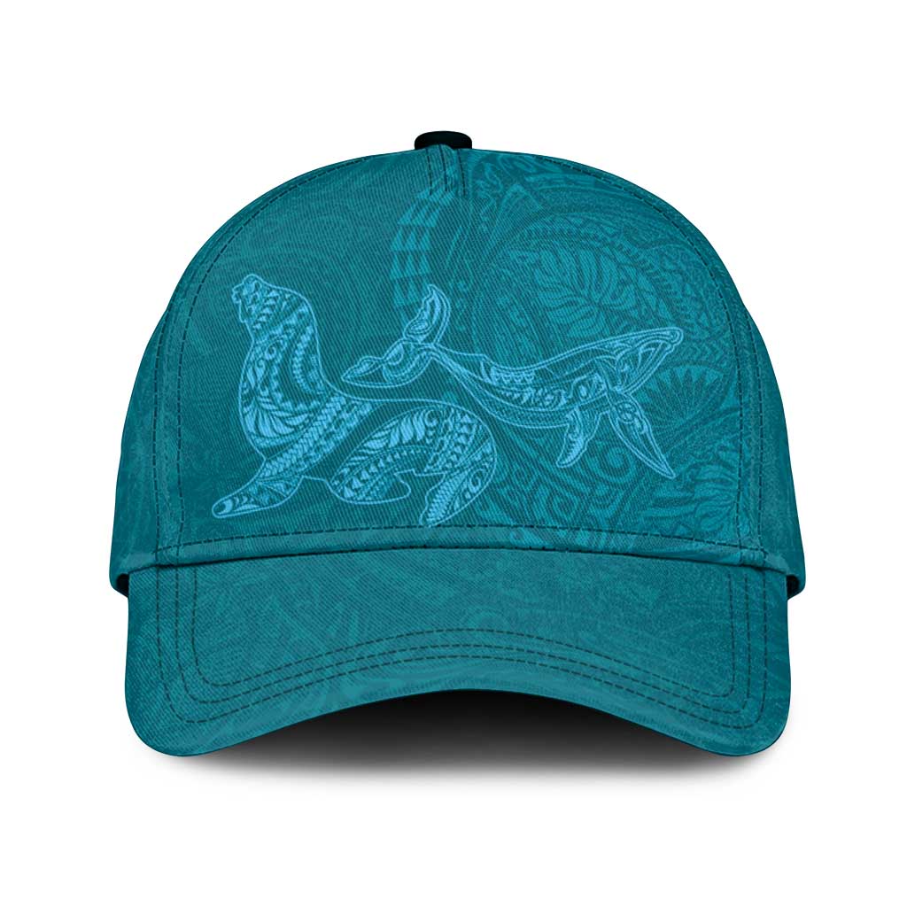 Hawaiian Monk Seal and Whale Classic Cap Kakau Tribal Pattern Teal Color LT03 Universal Fit Teal - Polynesian Pride