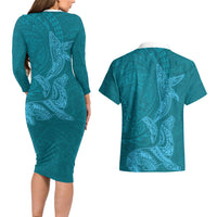 Hawaiian Monk Seal and Whale Couples Matching Long Sleeve Bodycon Dress and Hawaiian Shirt Kakau Tribal Pattern Teal Color