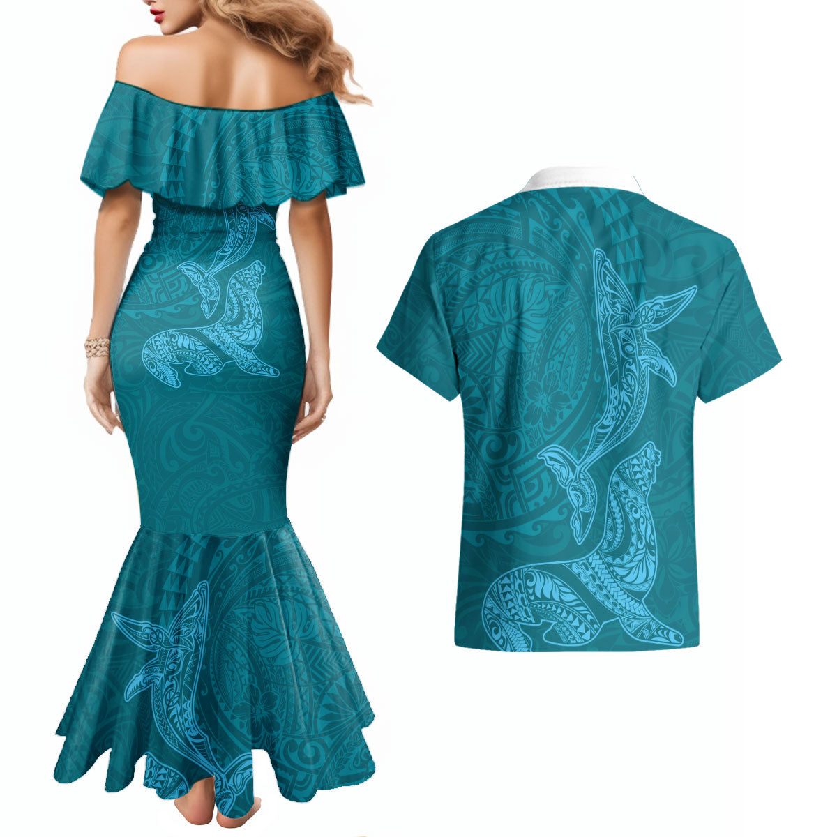 Hawaiian Monk Seal and Whale Couples Matching Mermaid Dress and Hawaiian Shirt Kakau Tribal Pattern Teal Color