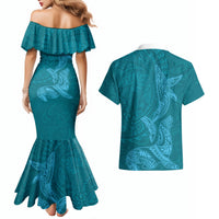 Hawaiian Monk Seal and Whale Couples Matching Mermaid Dress and Hawaiian Shirt Kakau Tribal Pattern Teal Color