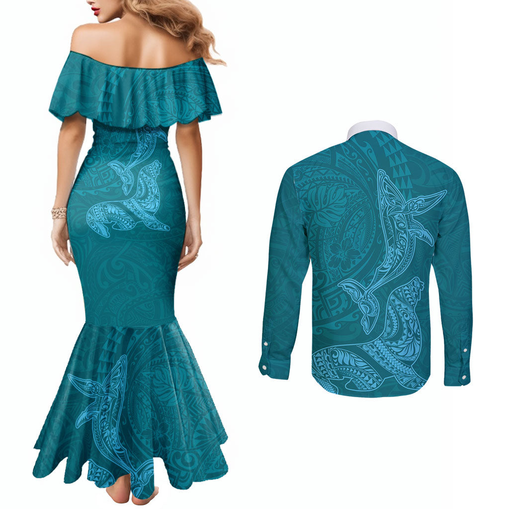 Hawaiian Monk Seal and Whale Couples Matching Mermaid Dress and Long Sleeve Button Shirt Kakau Tribal Pattern Teal Color