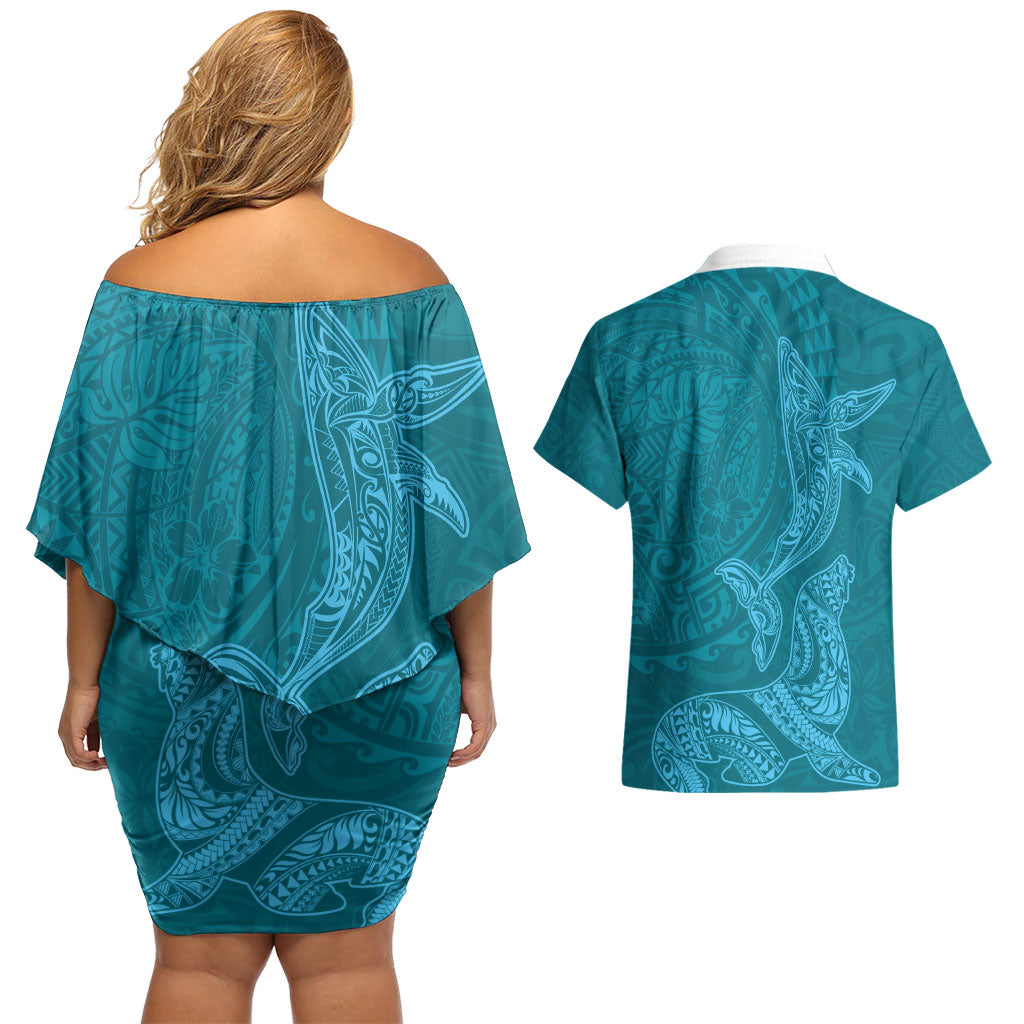 Hawaiian Monk Seal and Whale Couples Matching Off Shoulder Short Dress and Hawaiian Shirt Kakau Tribal Pattern Teal Color