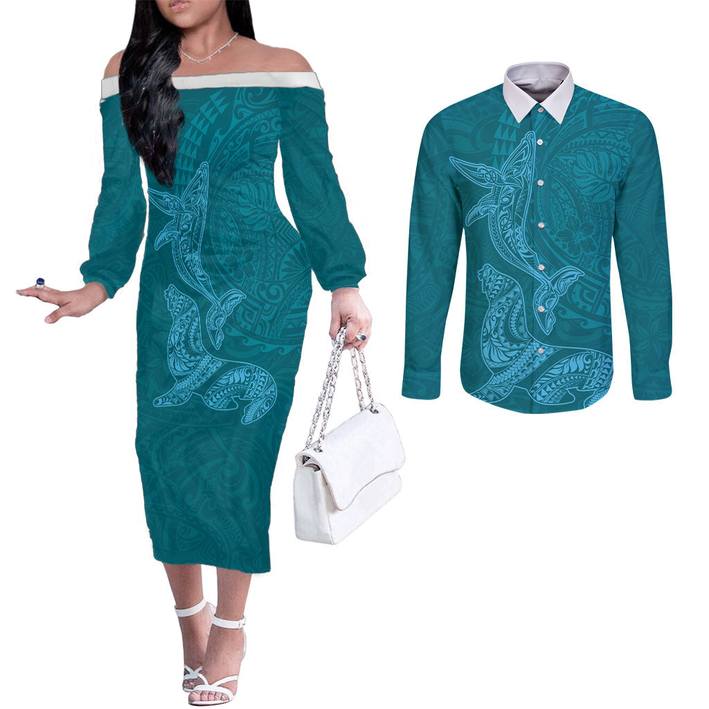 Hawaiian Monk Seal and Whale Couples Matching Off The Shoulder Long Sleeve Dress and Long Sleeve Button Shirt Kakau Tribal Pattern Teal Color