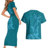 Hawaiian Monk Seal and Whale Couples Matching Short Sleeve Bodycon Dress and Hawaiian Shirt Kakau Tribal Pattern Teal Color