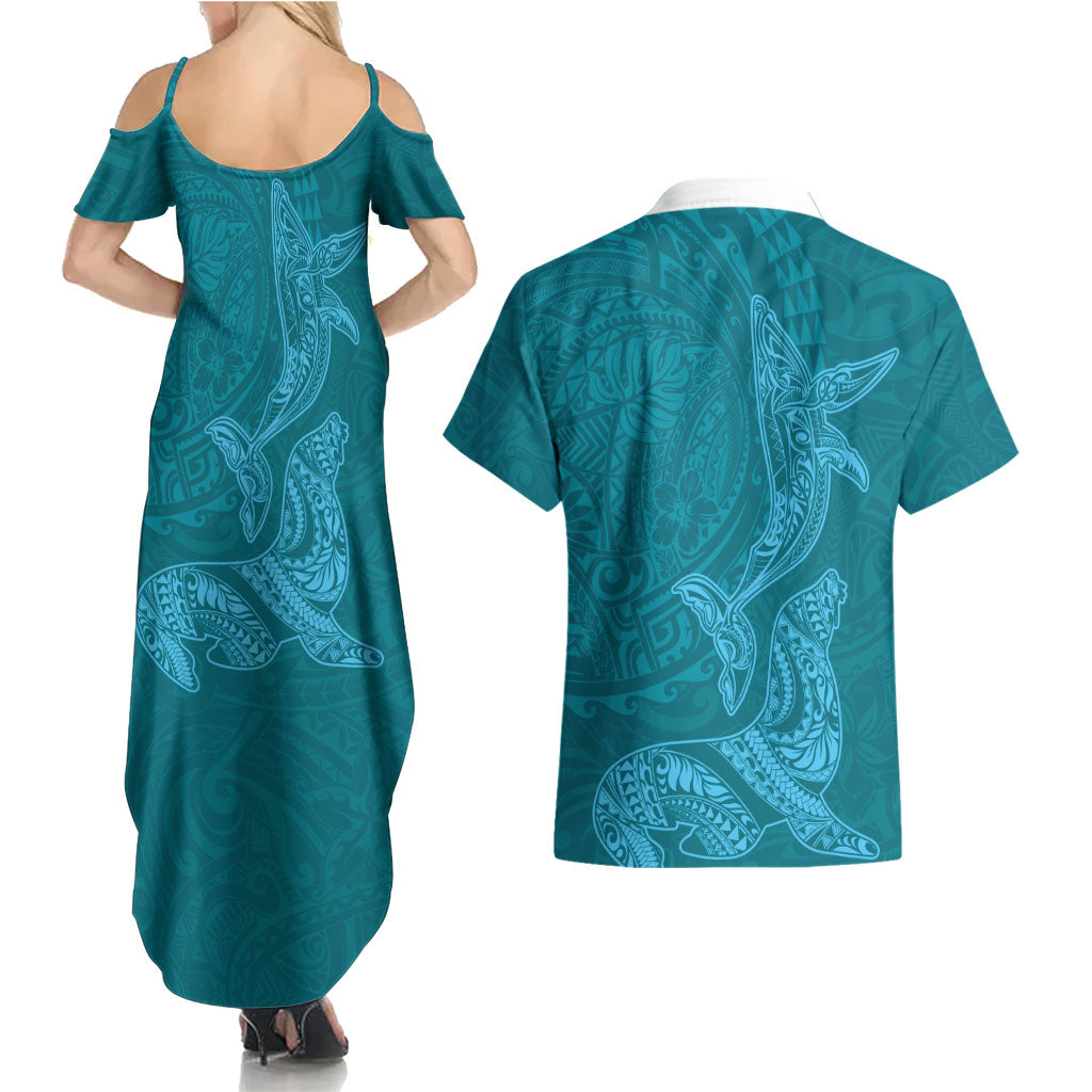 Hawaiian Monk Seal and Whale Couples Matching Summer Maxi Dress and Hawaiian Shirt Kakau Tribal Pattern Teal Color