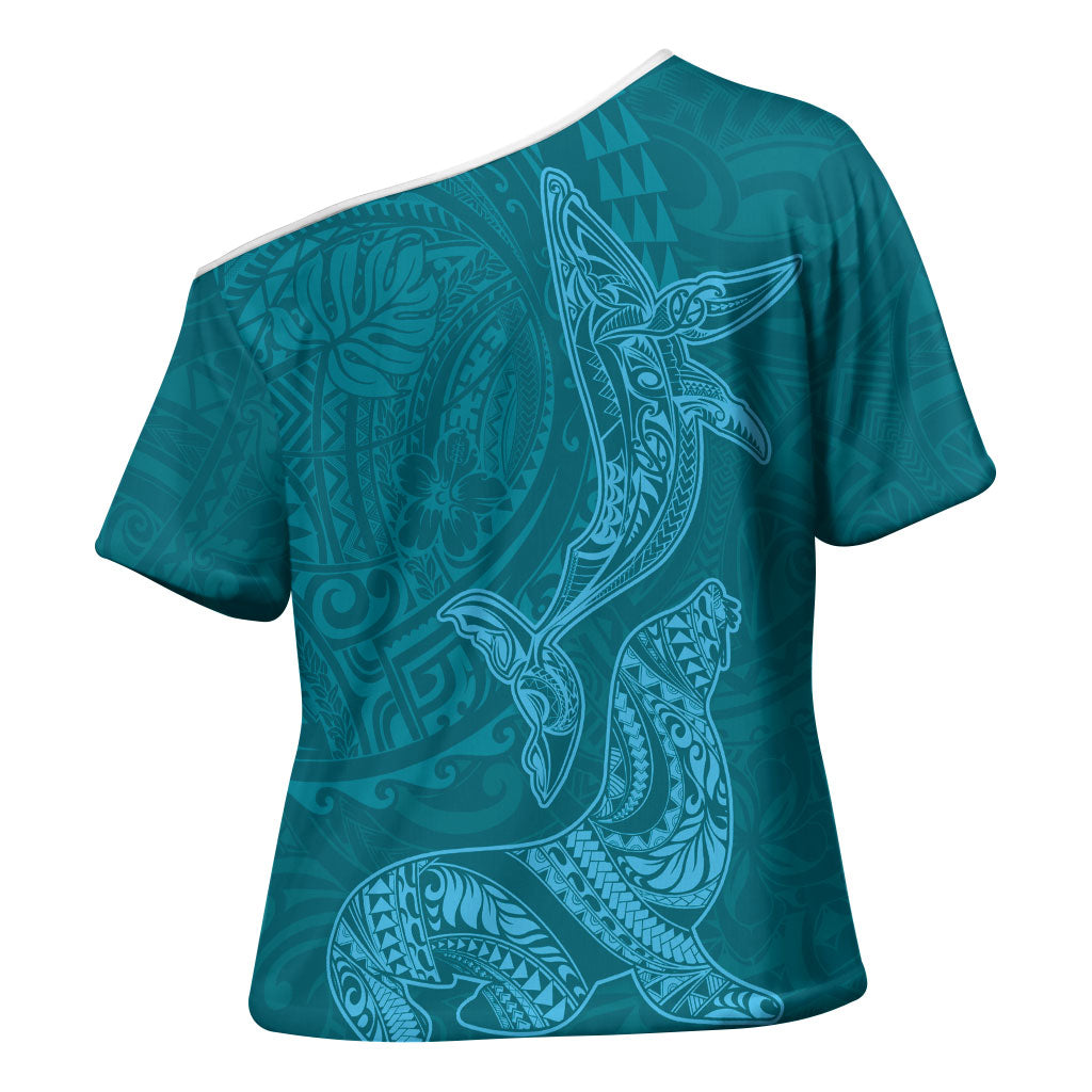 Hawaiian Monk Seal and Whale Cross Shoulder Shirt Kakau Tribal Pattern Teal Color