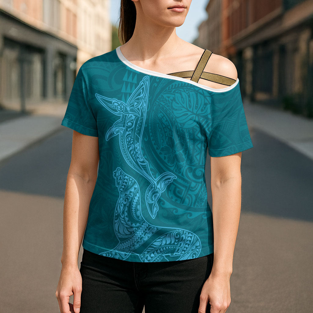 Hawaiian Monk Seal and Whale Cross Shoulder Shirt Kakau Tribal Pattern Teal Color