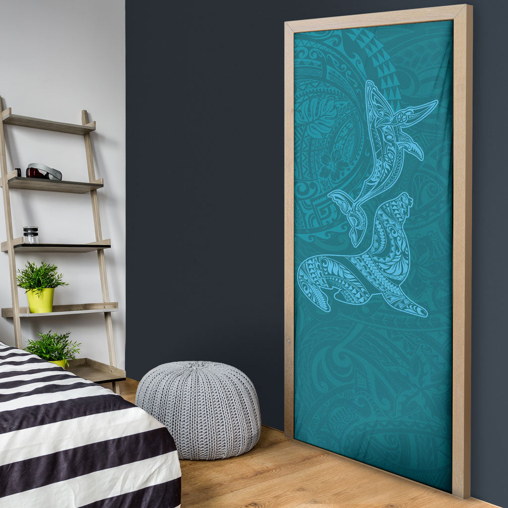 Hawaiian Monk Seal and Whale Door Cover Kakau Tribal Pattern Teal Color LT03 - Polynesian Pride