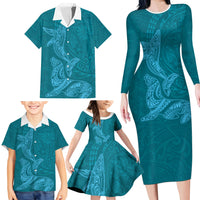 Hawaiian Monk Seal and Whale Family Matching Long Sleeve Bodycon Dress and Hawaiian Shirt Kakau Tribal Pattern Teal Color