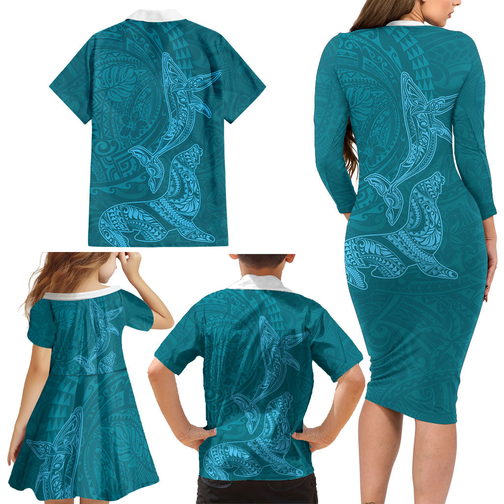 Hawaiian Monk Seal and Whale Family Matching Long Sleeve Bodycon Dress and Hawaiian Shirt Kakau Tribal Pattern Teal Color