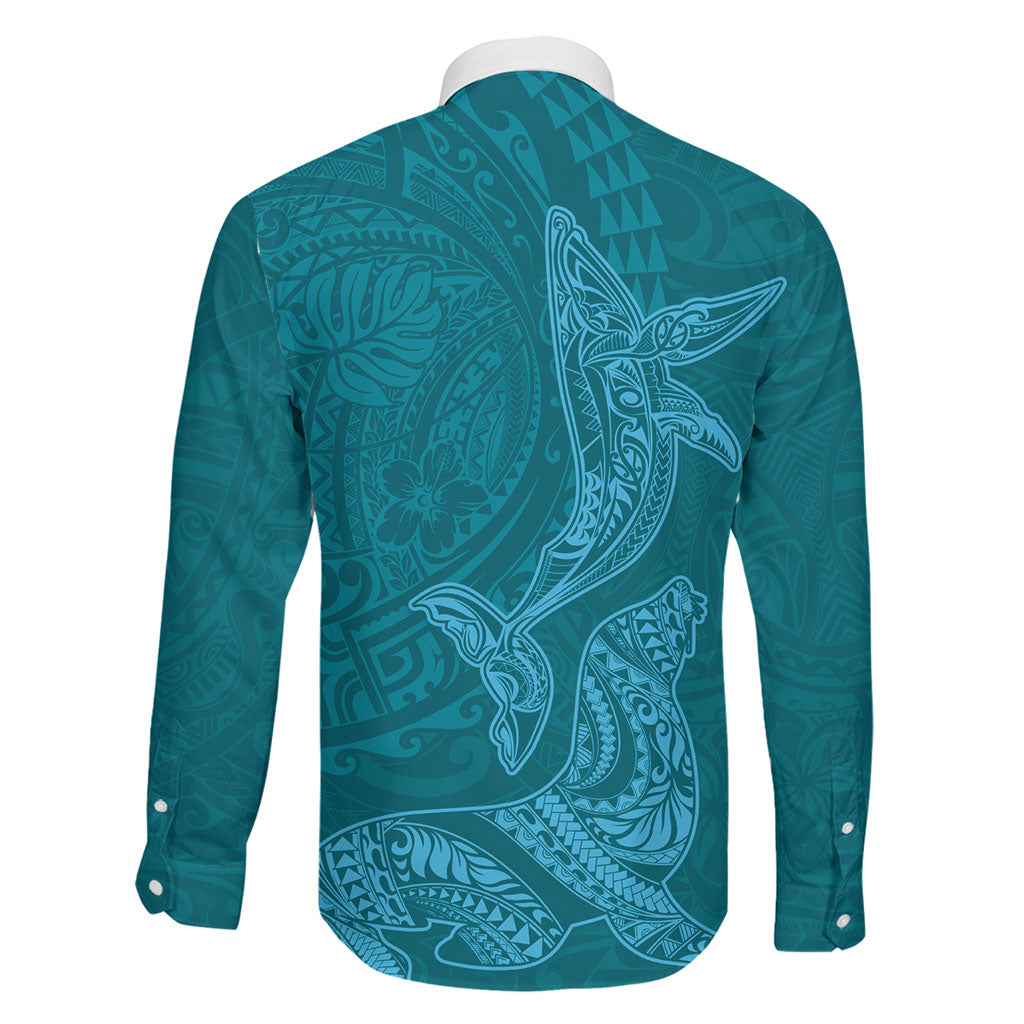 Hawaiian Monk Seal and Whale Family Matching Mermaid Dress and Hawaiian Shirt Kakau Tribal Pattern Teal Color