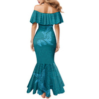 Hawaiian Monk Seal and Whale Family Matching Mermaid Dress and Hawaiian Shirt Kakau Tribal Pattern Teal Color