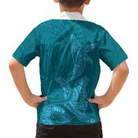 Hawaiian Monk Seal and Whale Family Matching Off The Shoulder Long Sleeve Dress and Hawaiian Shirt Kakau Tribal Pattern Teal Color