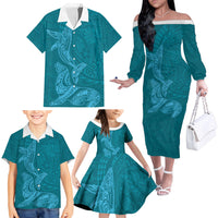 Hawaiian Monk Seal and Whale Family Matching Off The Shoulder Long Sleeve Dress and Hawaiian Shirt Kakau Tribal Pattern Teal Color
