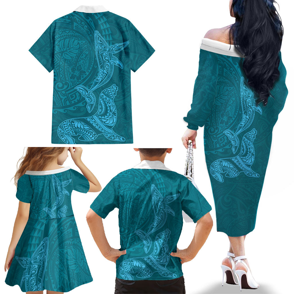Hawaiian Monk Seal and Whale Family Matching Off The Shoulder Long Sleeve Dress and Hawaiian Shirt Kakau Tribal Pattern Teal Color