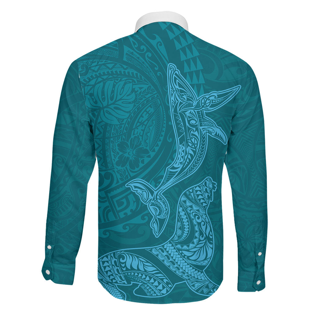 Hawaiian Monk Seal and Whale Family Matching Off The Shoulder Long Sleeve Dress and Hawaiian Shirt Kakau Tribal Pattern Teal Color