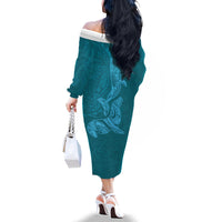 Hawaiian Monk Seal and Whale Family Matching Off The Shoulder Long Sleeve Dress and Hawaiian Shirt Kakau Tribal Pattern Teal Color