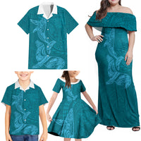 Hawaiian Monk Seal and Whale Family Matching Off Shoulder Maxi Dress and Hawaiian Shirt Kakau Tribal Pattern Teal Color