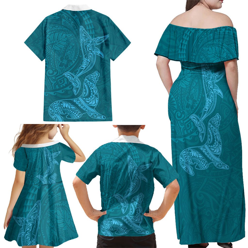 Hawaiian Monk Seal and Whale Family Matching Off Shoulder Maxi Dress and Hawaiian Shirt Kakau Tribal Pattern Teal Color