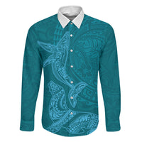 Hawaiian Monk Seal and Whale Family Matching Off Shoulder Maxi Dress and Hawaiian Shirt Kakau Tribal Pattern Teal Color