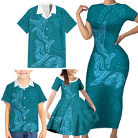 Hawaiian Monk Seal and Whale Family Matching Short Sleeve Bodycon Dress and Hawaiian Shirt Kakau Tribal Pattern Teal Color