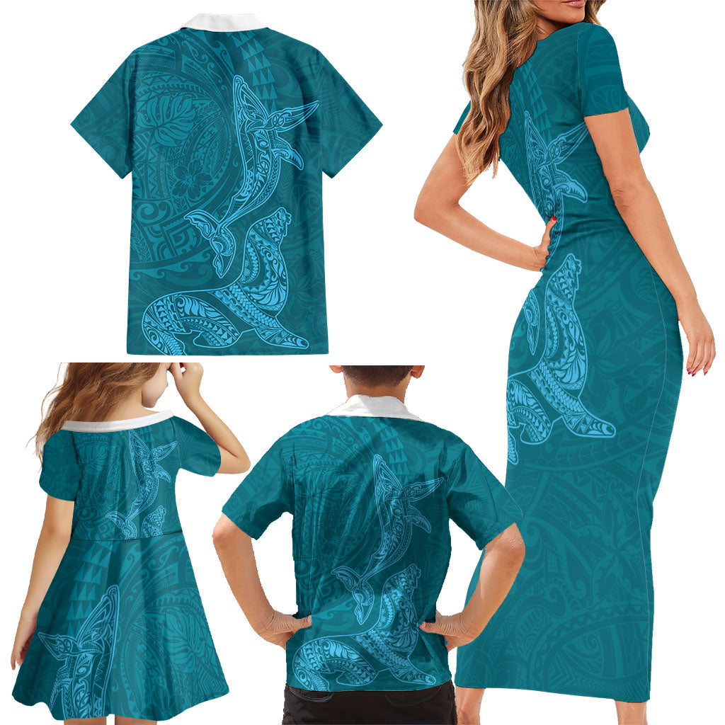 Hawaiian Monk Seal and Whale Family Matching Short Sleeve Bodycon Dress and Hawaiian Shirt Kakau Tribal Pattern Teal Color