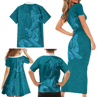Hawaiian Monk Seal and Whale Family Matching Short Sleeve Bodycon Dress and Hawaiian Shirt Kakau Tribal Pattern Teal Color