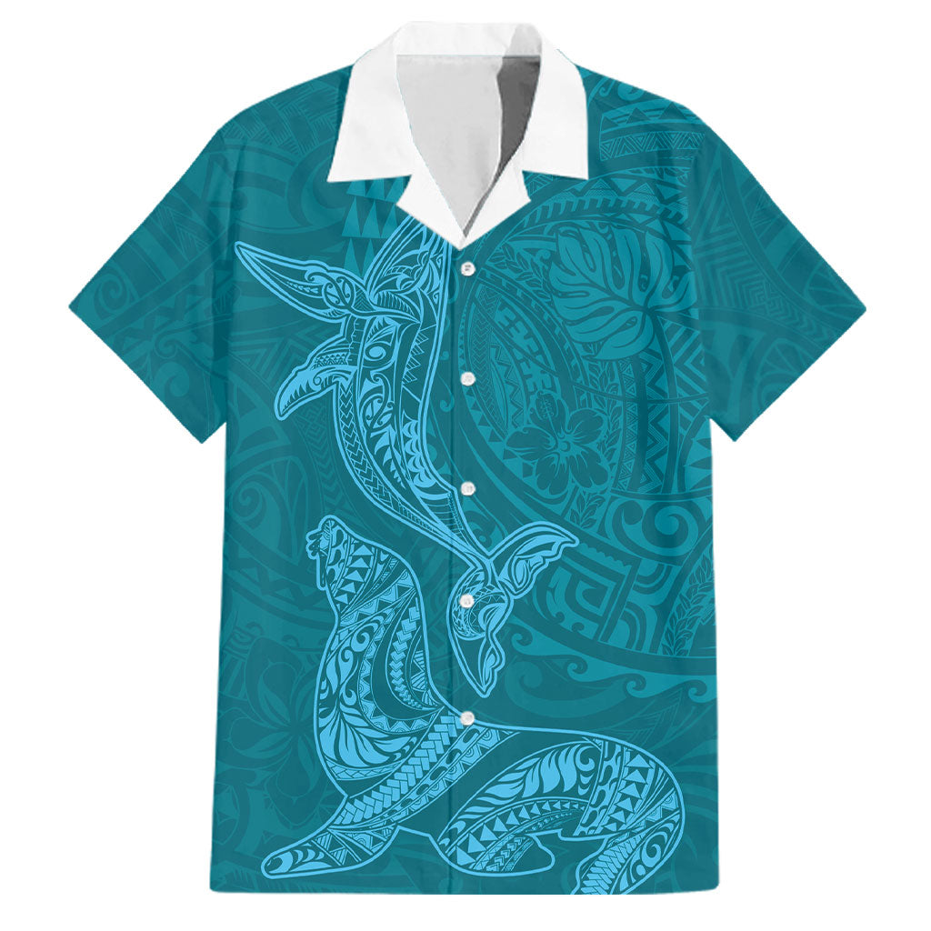 Hawaiian Monk Seal and Whale Family Matching Short Sleeve Bodycon Dress and Hawaiian Shirt Kakau Tribal Pattern Teal Color