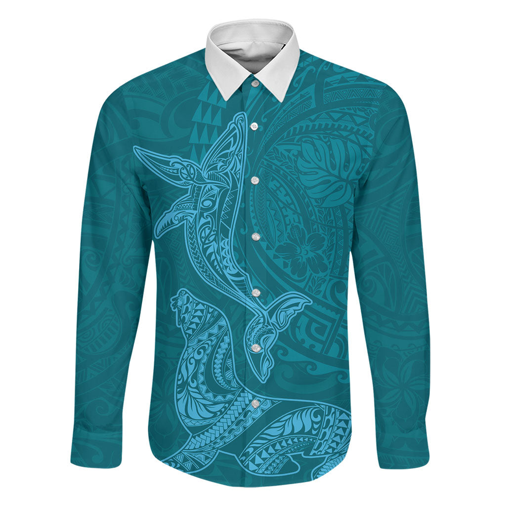 Hawaiian Monk Seal and Whale Family Matching Short Sleeve Bodycon Dress and Hawaiian Shirt Kakau Tribal Pattern Teal Color