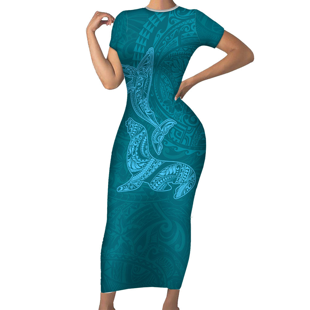 Hawaiian Monk Seal and Whale Family Matching Short Sleeve Bodycon Dress and Hawaiian Shirt Kakau Tribal Pattern Teal Color