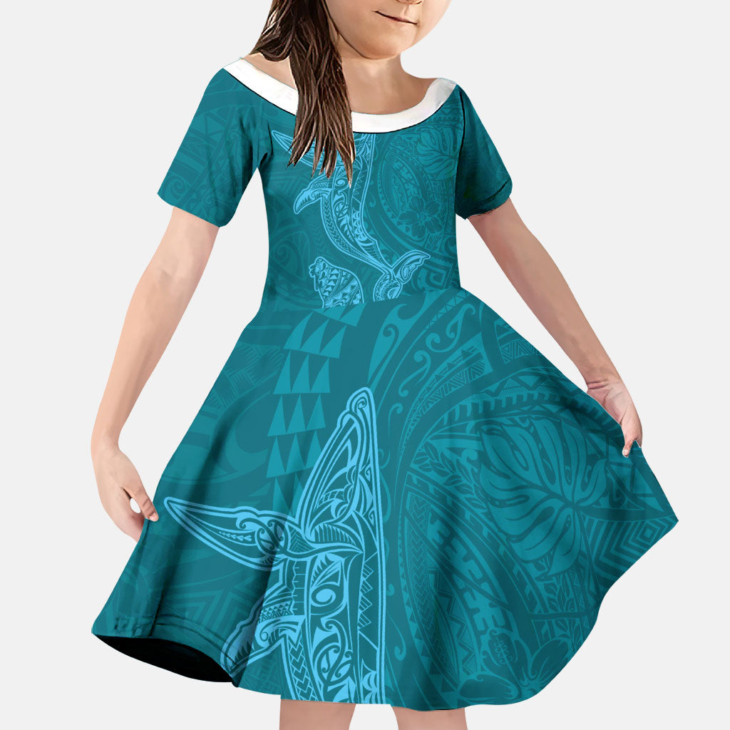 Hawaiian Monk Seal and Whale Family Matching Summer Maxi Dress and Hawaiian Shirt Kakau Tribal Pattern Teal Color