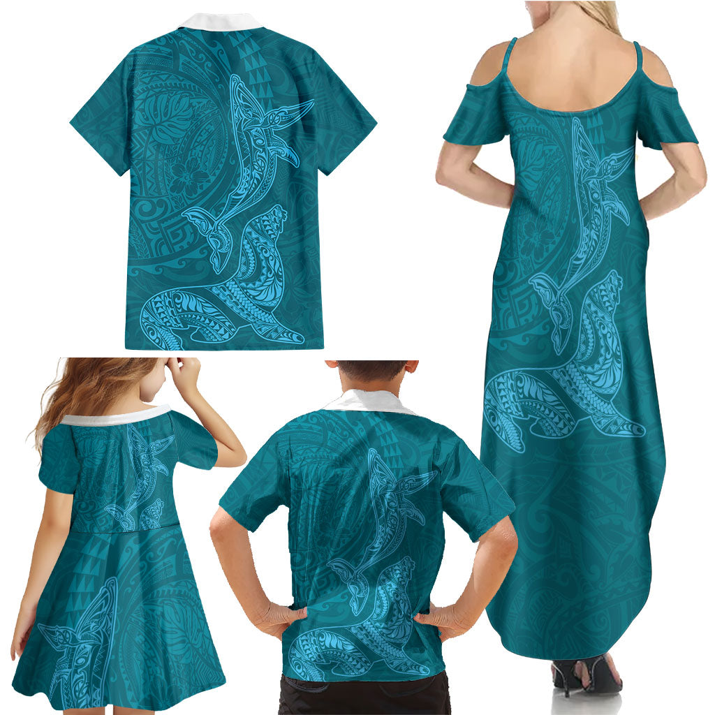 Hawaiian Monk Seal and Whale Family Matching Summer Maxi Dress and Hawaiian Shirt Kakau Tribal Pattern Teal Color