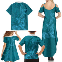 Hawaiian Monk Seal and Whale Family Matching Summer Maxi Dress and Hawaiian Shirt Kakau Tribal Pattern Teal Color