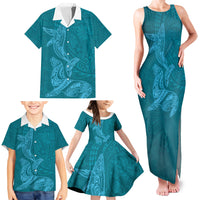 Hawaiian Monk Seal and Whale Family Matching Tank Maxi Dress and Hawaiian Shirt Kakau Tribal Pattern Teal Color