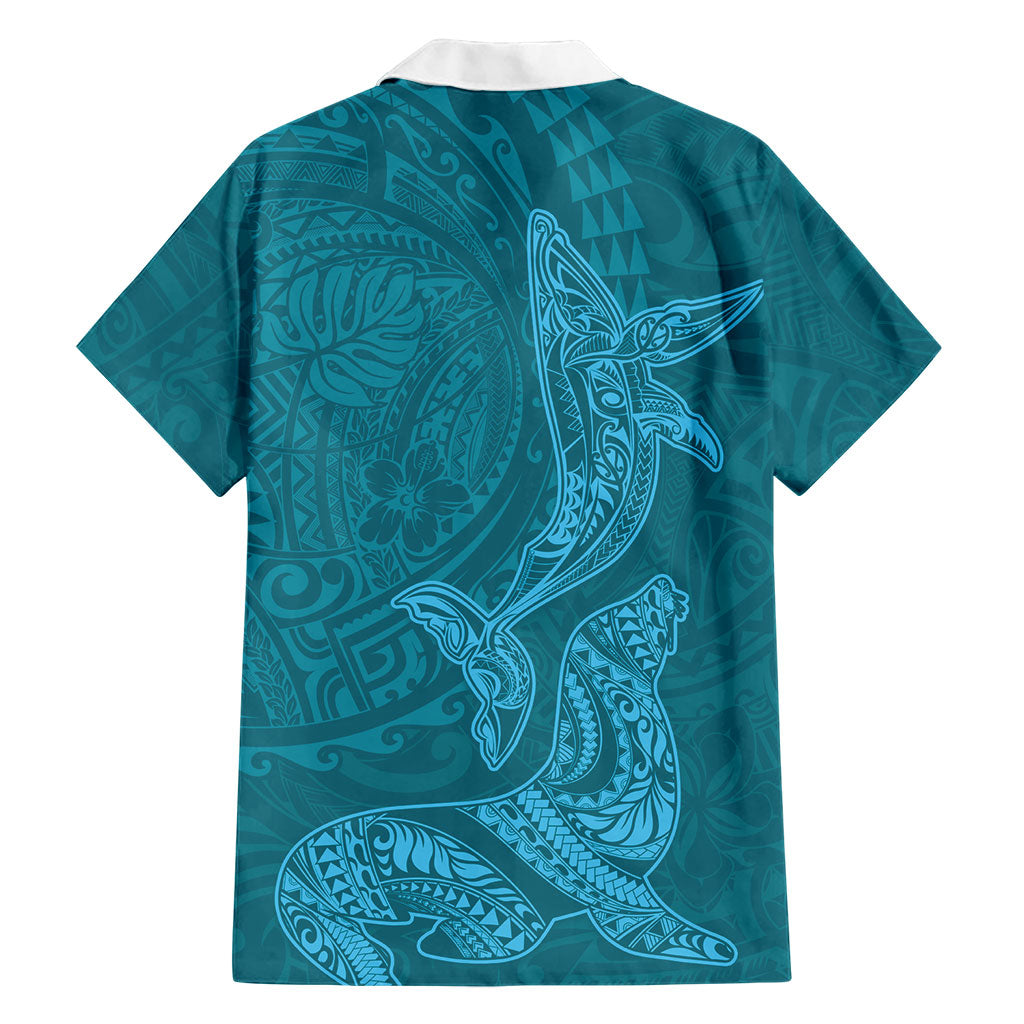 Hawaiian Monk Seal and Whale Family Matching Tank Maxi Dress and Hawaiian Shirt Kakau Tribal Pattern Teal Color