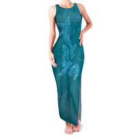 Hawaiian Monk Seal and Whale Family Matching Tank Maxi Dress and Hawaiian Shirt Kakau Tribal Pattern Teal Color