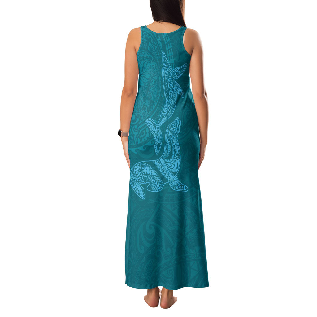 Hawaiian Monk Seal and Whale Family Matching Tank Maxi Dress and Hawaiian Shirt Kakau Tribal Pattern Teal Color