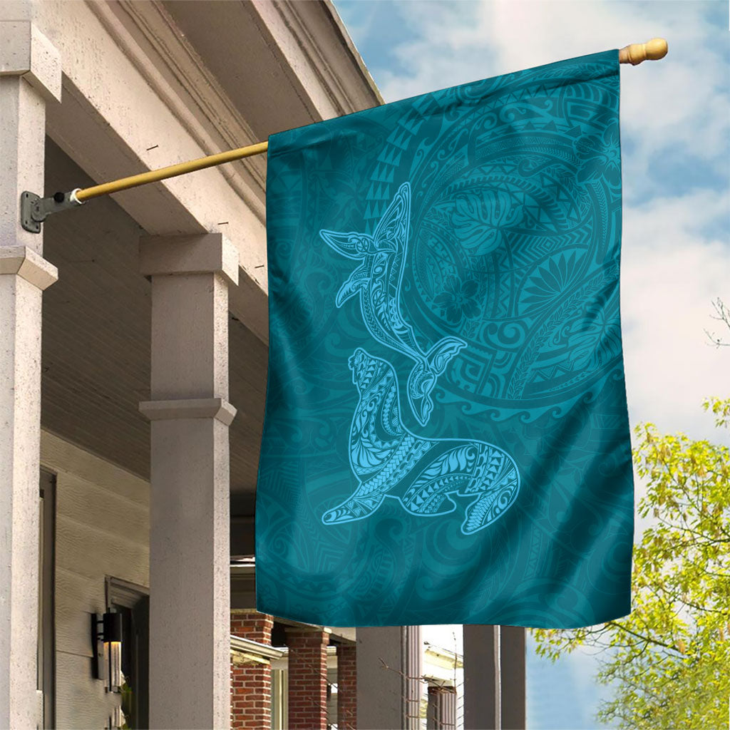 Hawaiian Monk Seal and Whale Garden Flag Kakau Tribal Pattern Teal Color