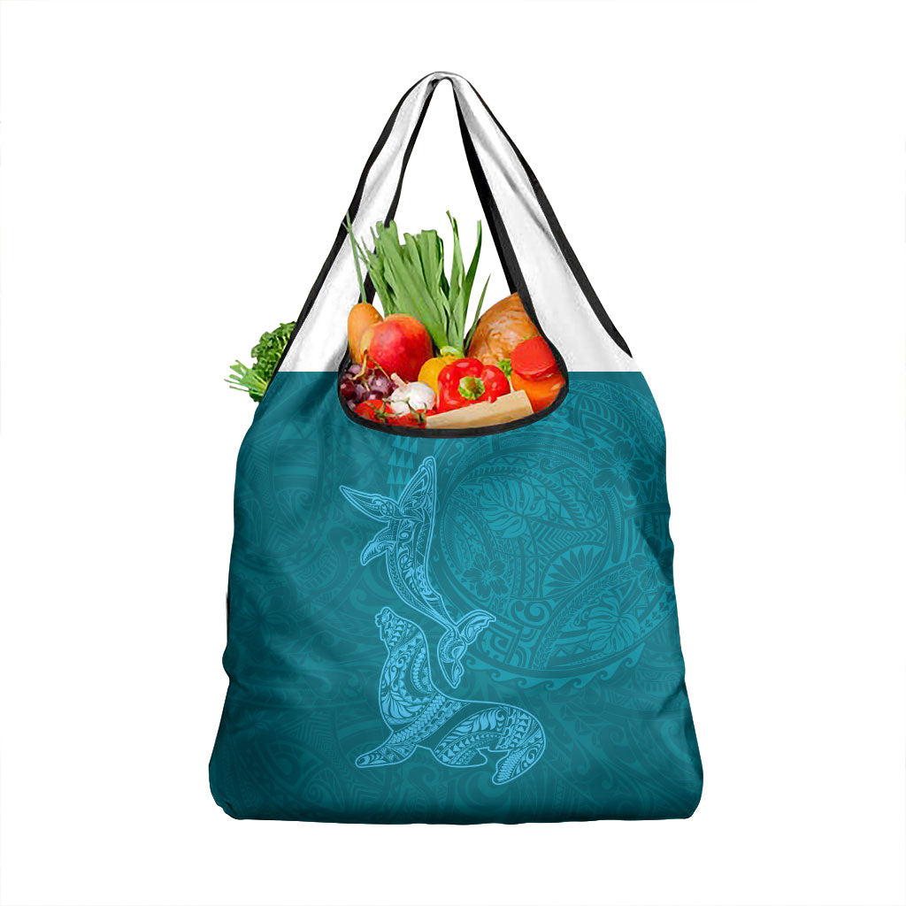 Hawaiian Monk Seal and Whale Grocery Bag Kakau Tribal Pattern Teal Color LT03 1-pack One Size Teal - Polynesian Pride
