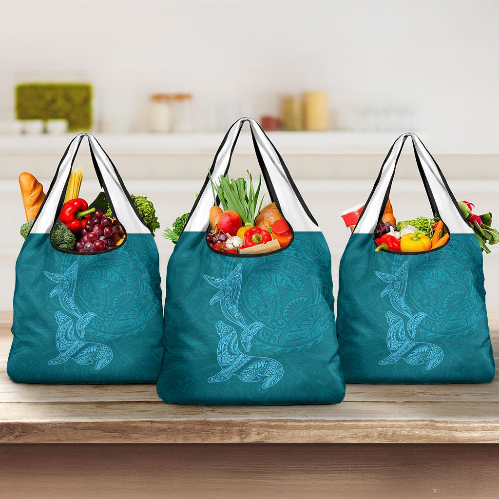 Hawaiian Monk Seal and Whale Grocery Bag Kakau Tribal Pattern Teal Color LT03 3-pack One Size Teal - Polynesian Pride
