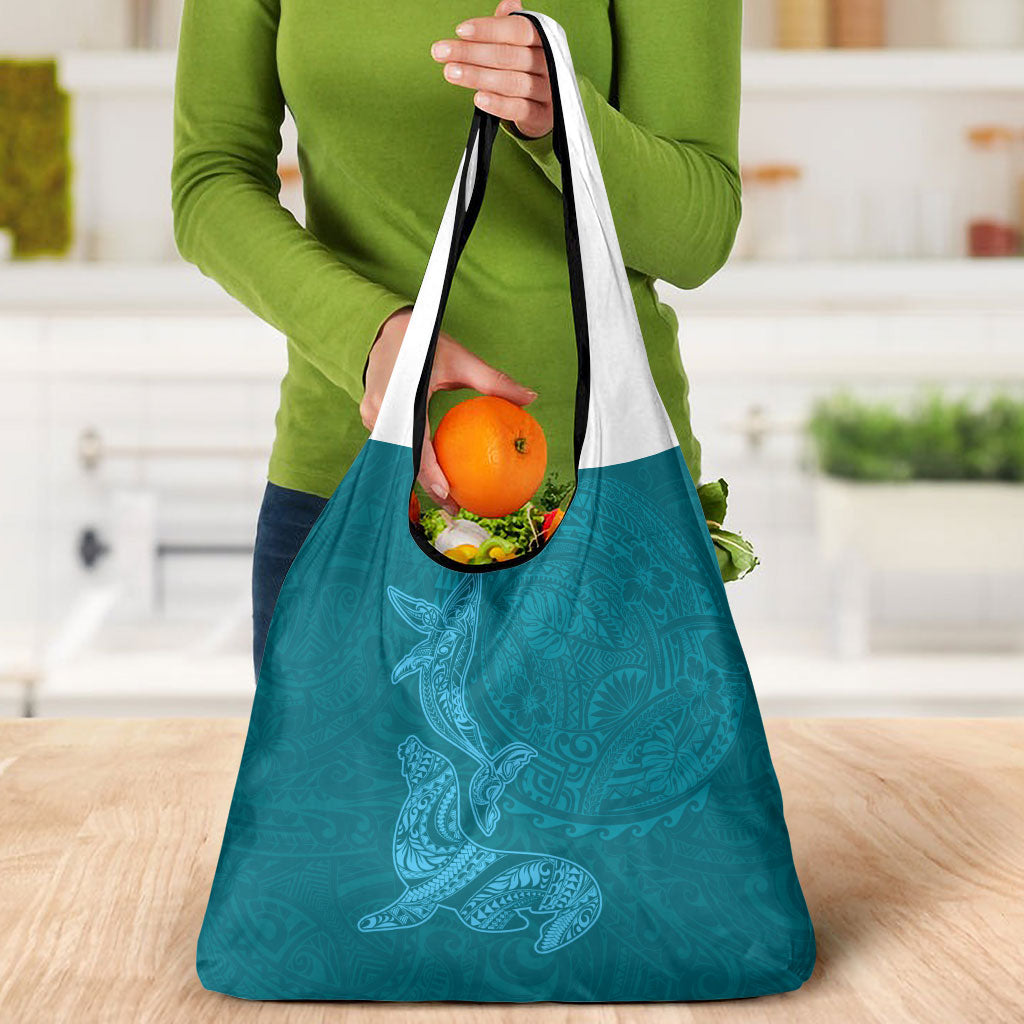 Hawaiian Monk Seal and Whale Grocery Bag Kakau Tribal Pattern Teal Color LT03 - Polynesian Pride