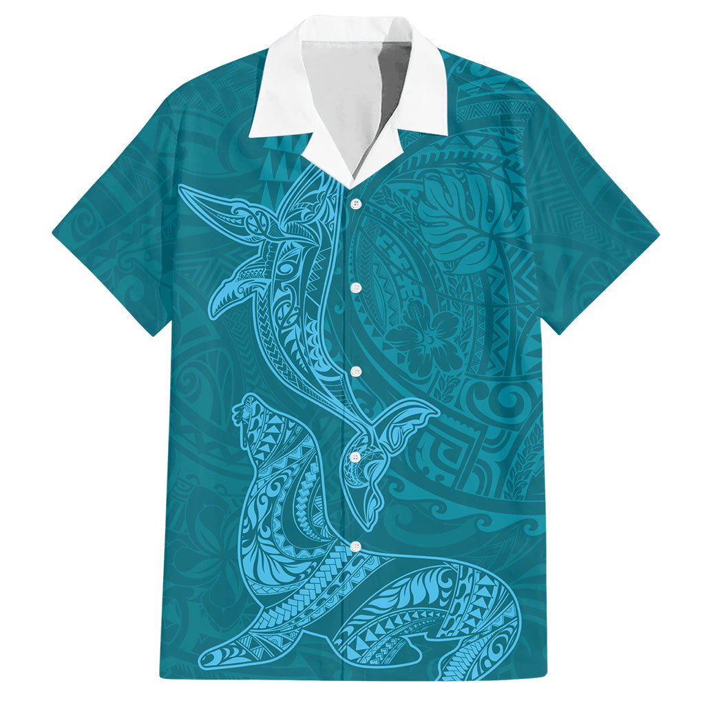 Hawaiian Monk Seal and Whale Hawaiian Shirt Kakau Tribal Pattern Teal Color LT03 Teal - Polynesian Pride