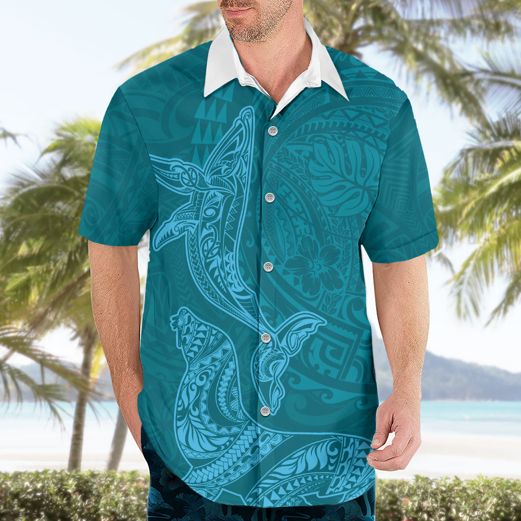 Hawaiian Monk Seal and Whale Hawaiian Shirt Kakau Tribal Pattern Teal Color LT03 - Polynesian Pride