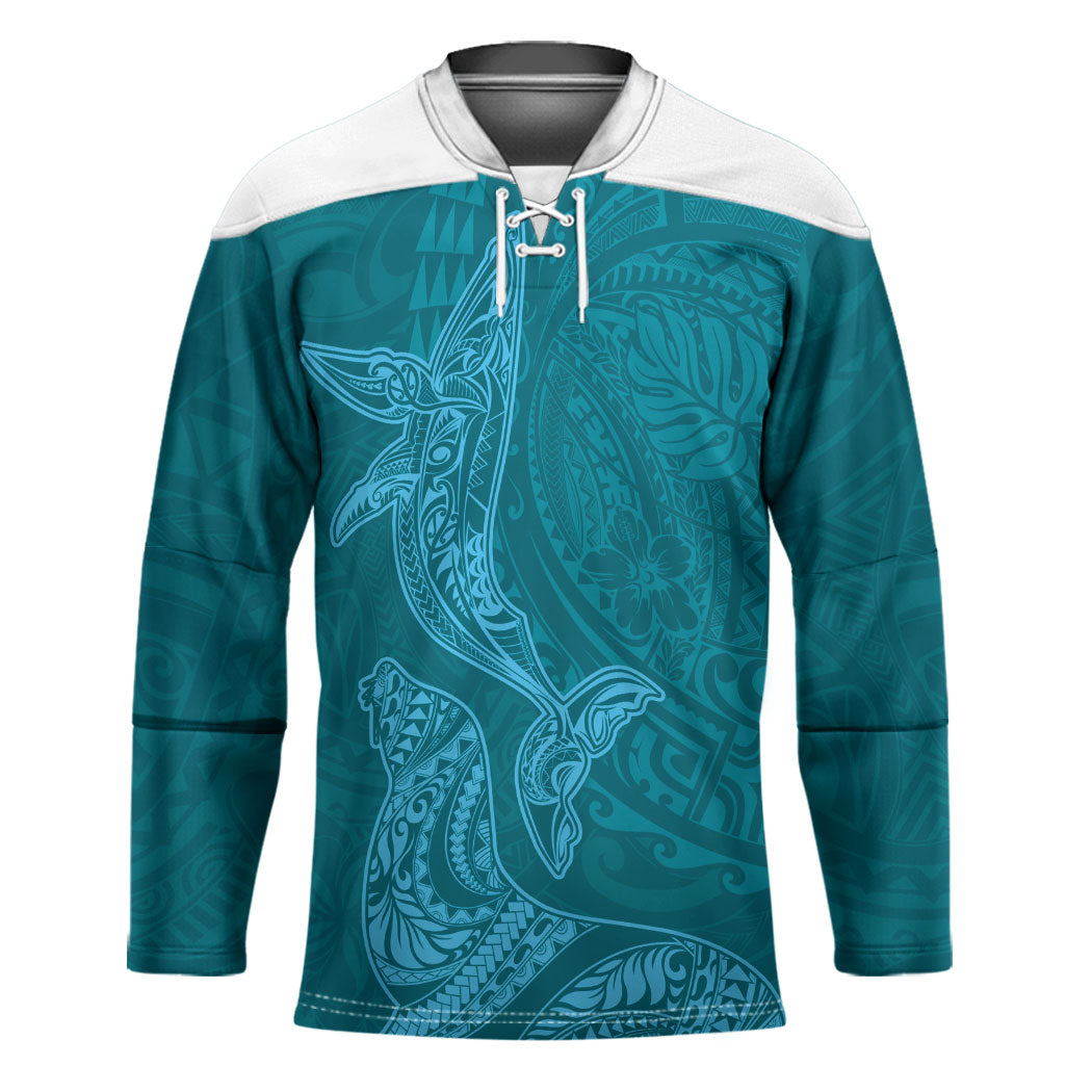 Hawaiian Monk Seal and Whale Hockey Jersey Kakau Tribal Pattern Teal Color LT03 Unisex Teal - Polynesian Pride