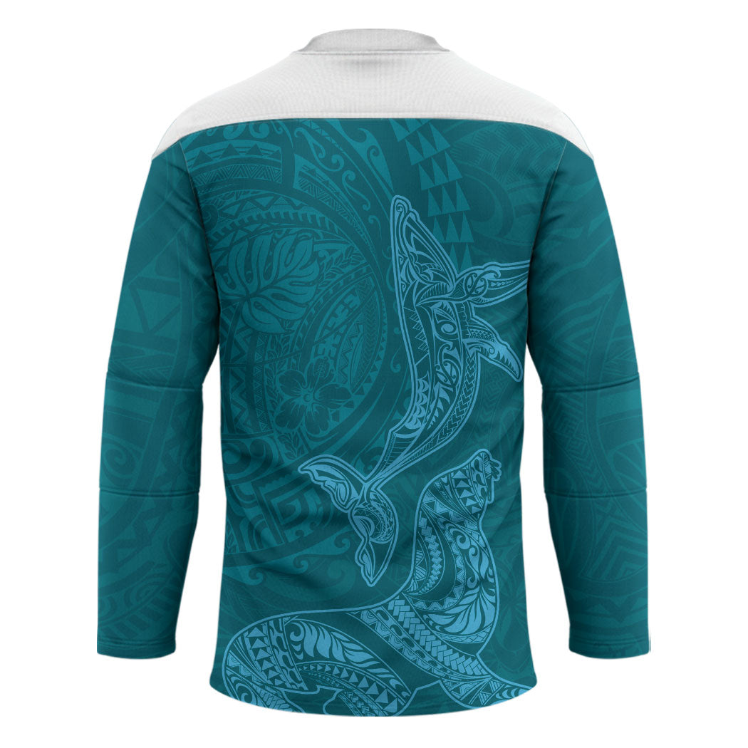 Hawaiian Monk Seal and Whale Hockey Jersey Kakau Tribal Pattern Teal Color LT03 - Polynesian Pride