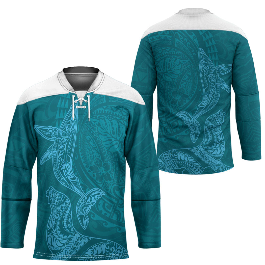 Hawaiian Monk Seal and Whale Hockey Jersey Kakau Tribal Pattern Teal Color LT03 - Polynesian Pride