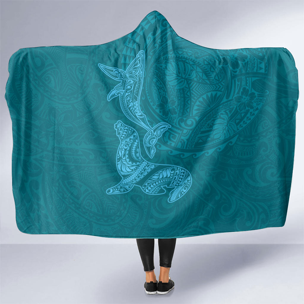 Hawaiian Monk Seal and Whale Hooded Blanket Kakau Tribal Pattern Teal Color LT03 One Size Teal - Polynesian Pride