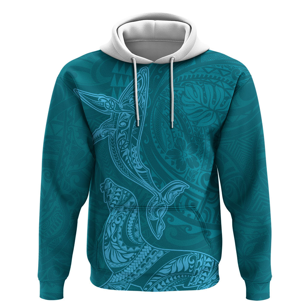 Hawaiian Monk Seal and Whale Hoodie Kakau Tribal Pattern Teal Color LT03 Pullover Hoodie Teal - Polynesian Pride