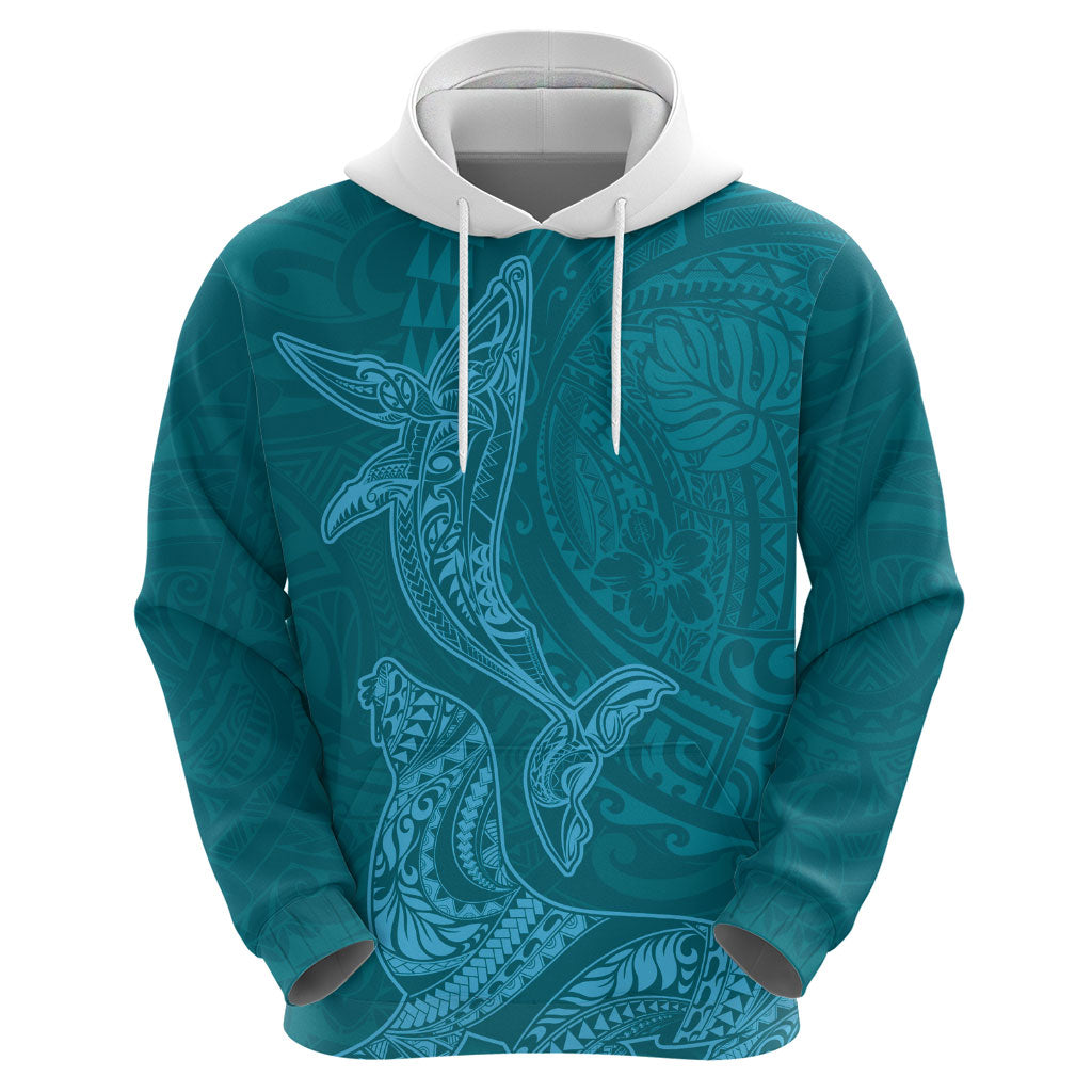 Hawaiian Monk Seal and Whale Hoodie Kakau Tribal Pattern Teal Color LT03 - Polynesian Pride
