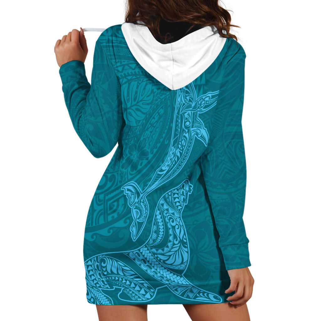 Hawaiian Monk Seal and Whale Hoodie Dress Kakau Tribal Pattern Teal Color LT03 - Polynesian Pride